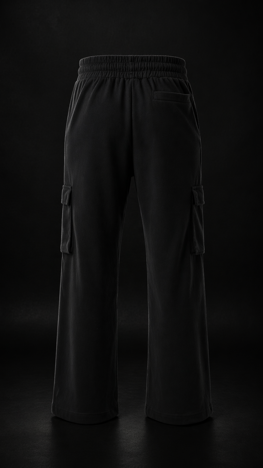 Dark cargo pants on a black background