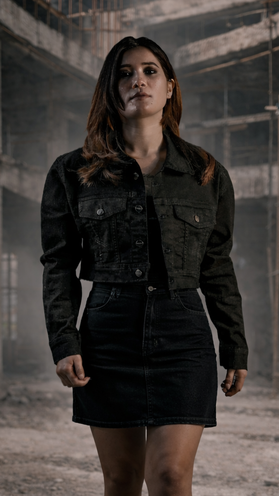 Woman in a black jacket and skirt standing in an abandoned building