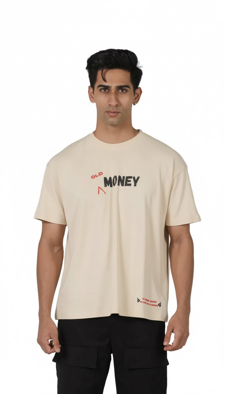 Old Money oversized beige t-shirt front view – THE ELEMENTZ