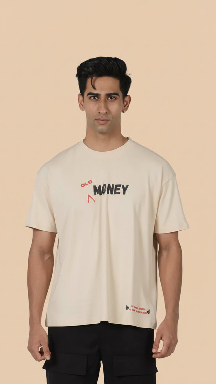 Old Money oversized beige t-shirt front view – THE ELEMENTZ