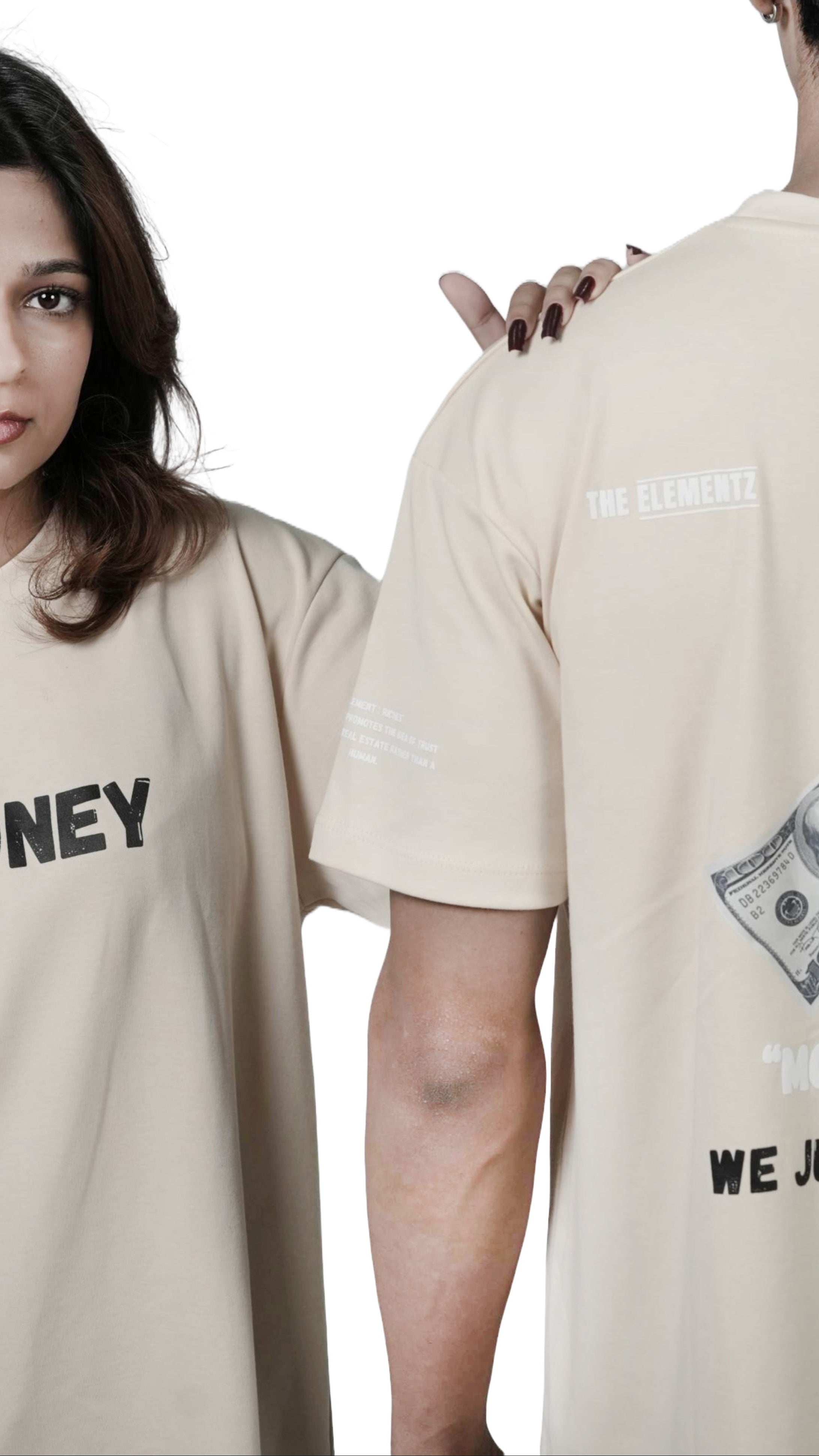 Old Money oversized beige t-shirt front view – THE ELEMENTZ
