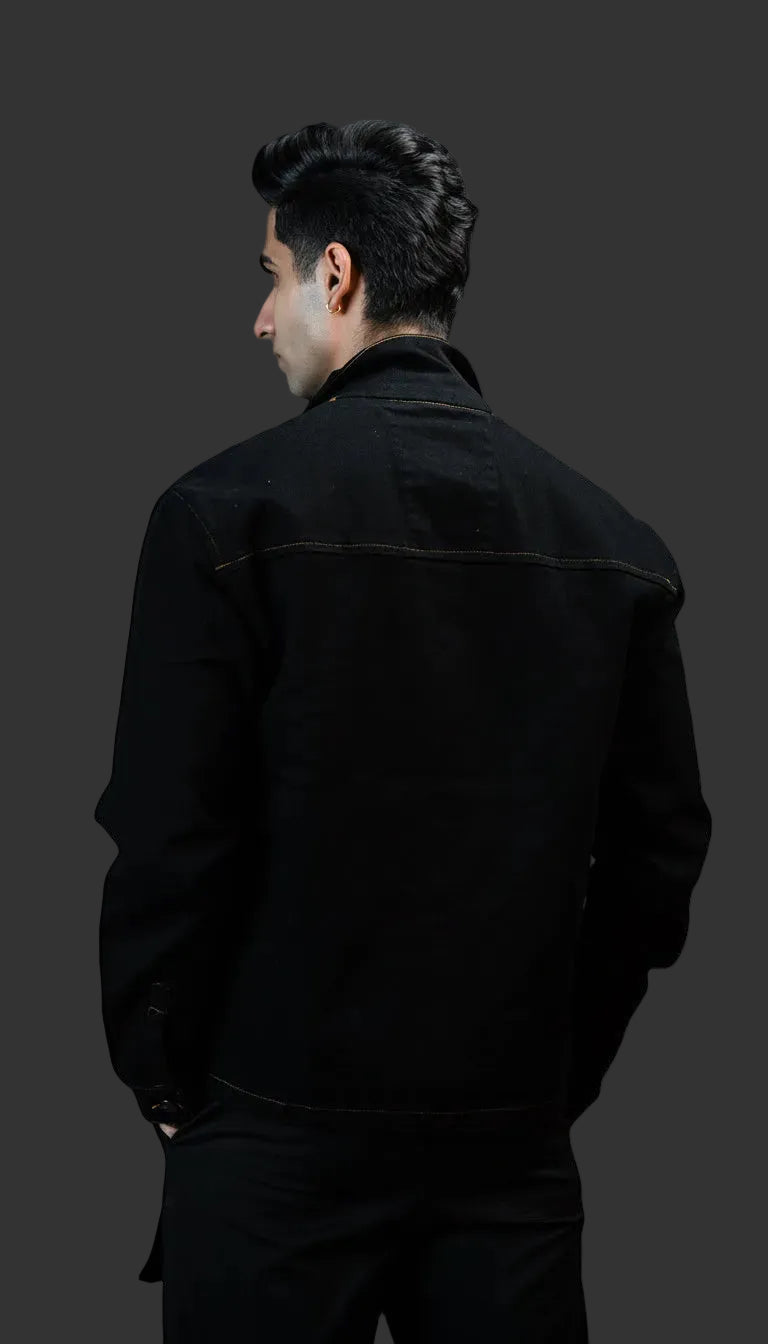 Luxury men’s black denim jacket with gold zipper – THE ELEMENTZ