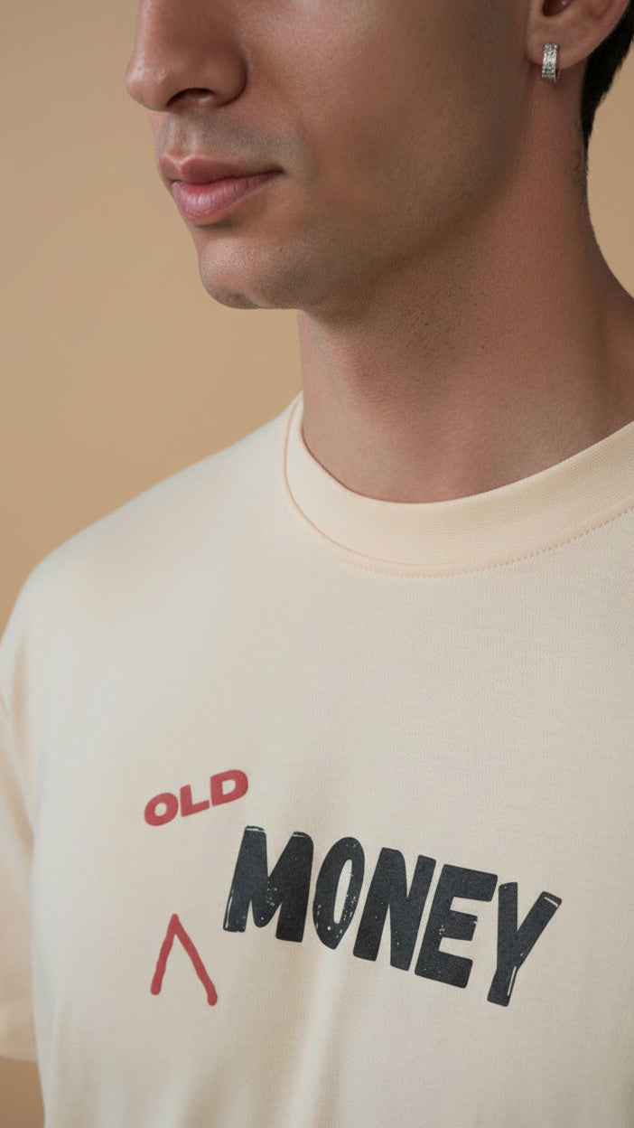 Old Money oversized beige t-shirt front view zoomed – THE ELEMENTZ
