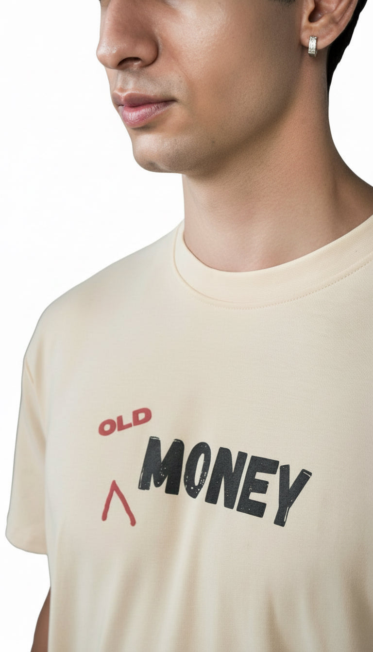 Old Money oversized beige t-shirt front view zoomed – THE ELEMENTZ
